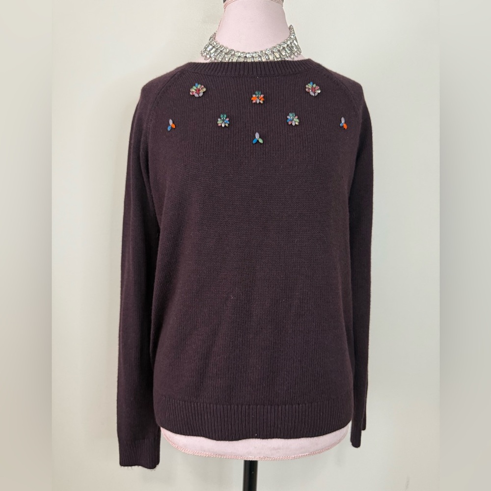 LOFT Dark Purple Embellished Crewneck Sweater in size large